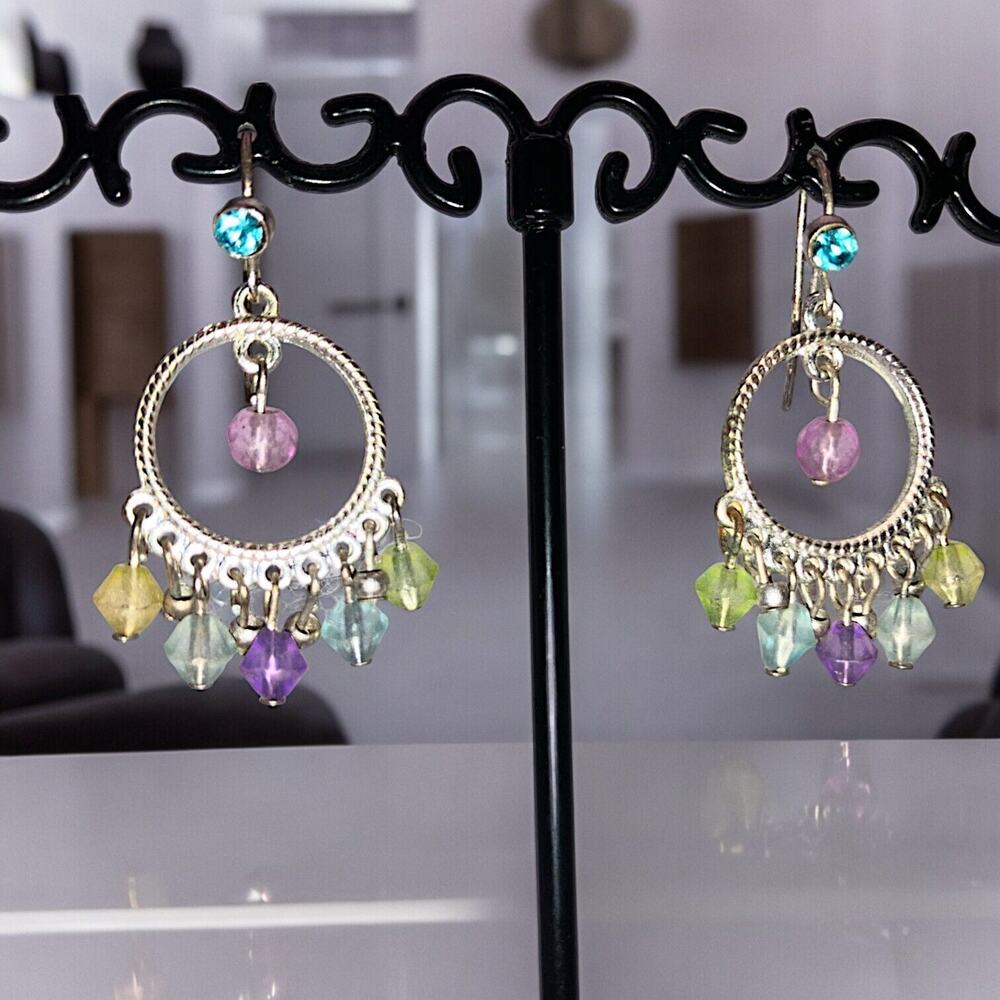 Pastel Multicolored Beaded Hoop Dangle Boho 1.25" Earrings!